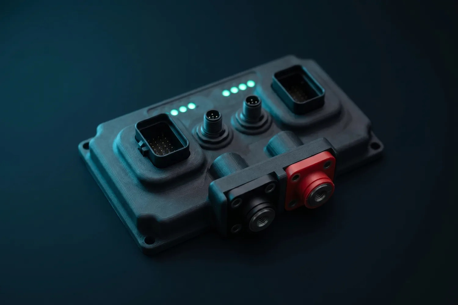 Macro of the OBWB8m connector face, twin connectors, two M12 ports and status LEDs